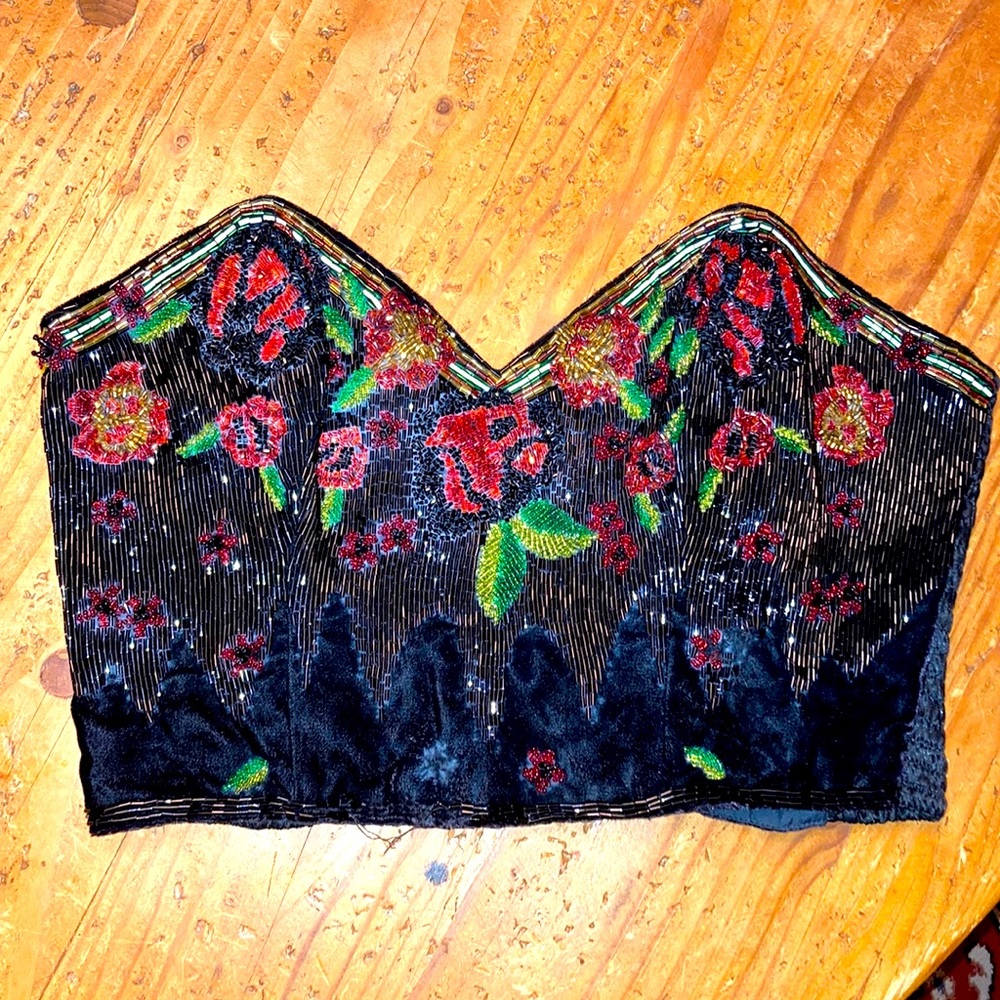 GORGEOUS sz S/M Velvet hand beaded super rare vintage bustier back hook & boning